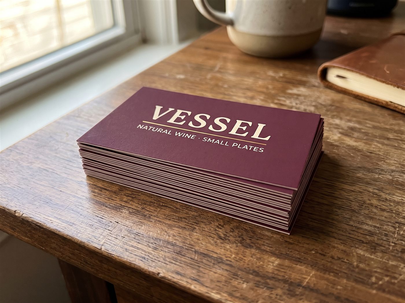 Laminated business cards on a dark walnut desk with a soft sheen catching window light