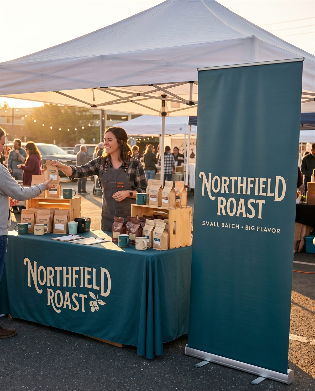 A NORTHFIELD ROAST market booth at golden hour with a deep teal printed table cover and a matching retractable banner beside it