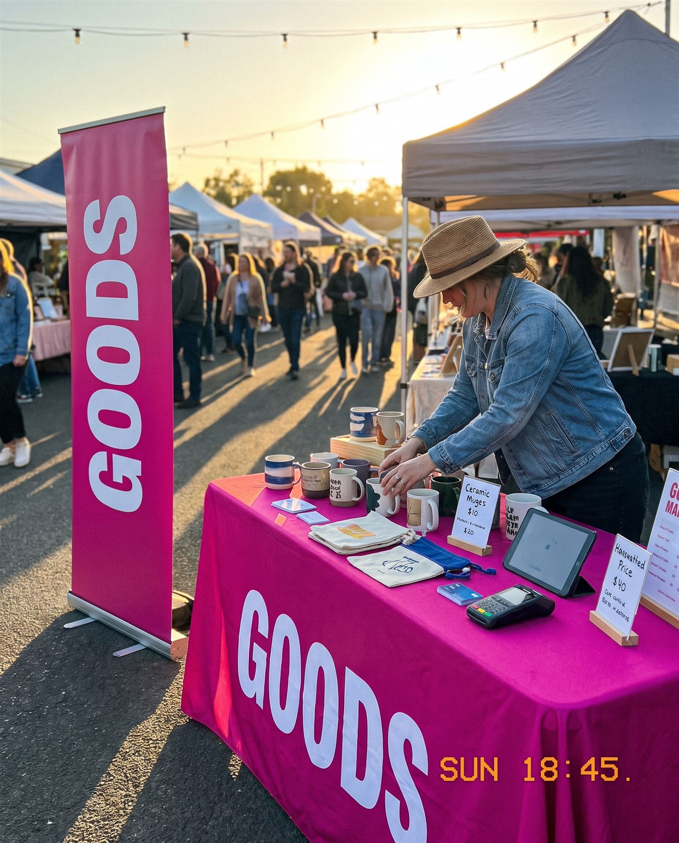 Market booth with a magenta branded table cover and matching retractable banner at golden hour