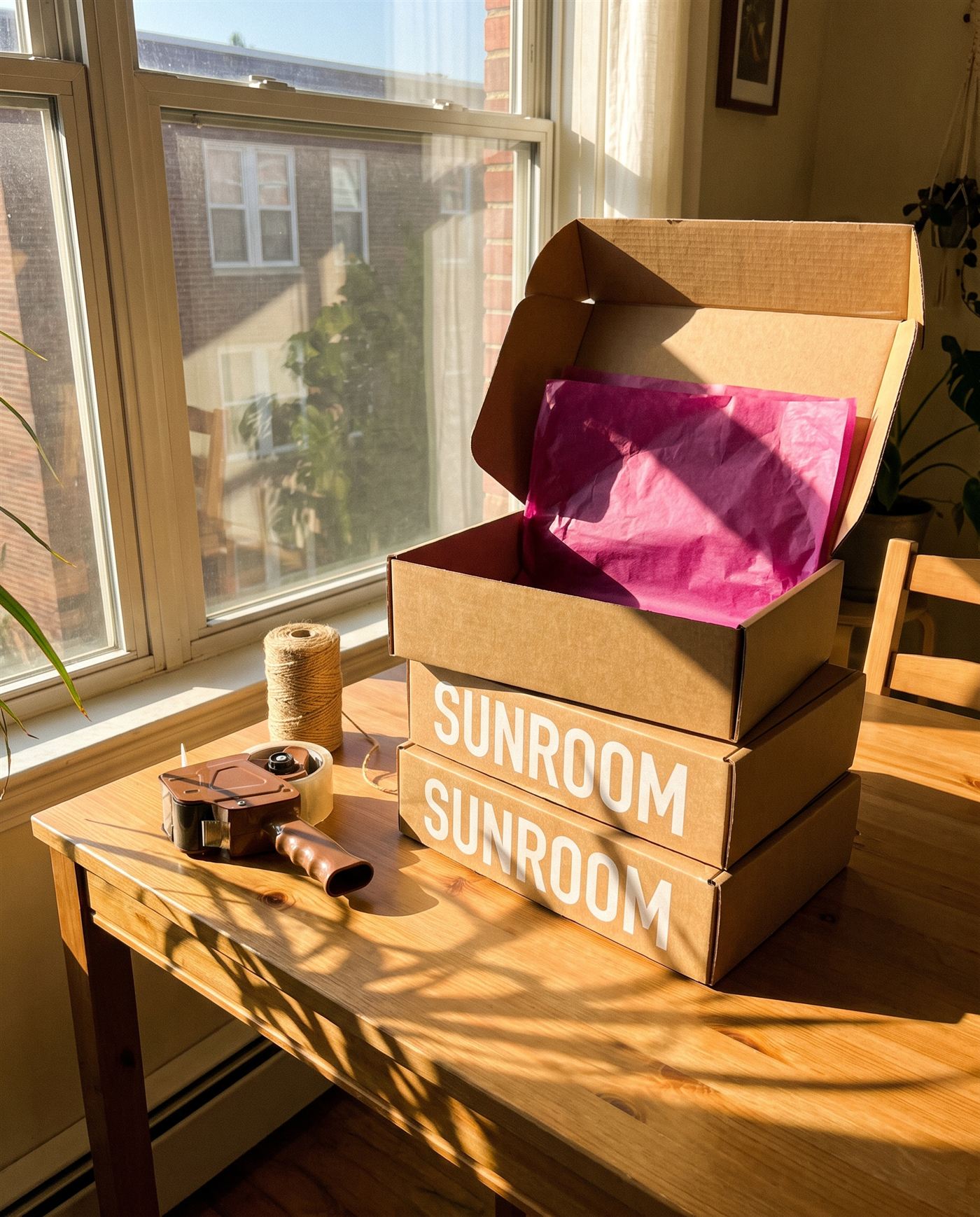 Stack of custom-printed kraft mailer boxes with a magenta interior at a home packing station