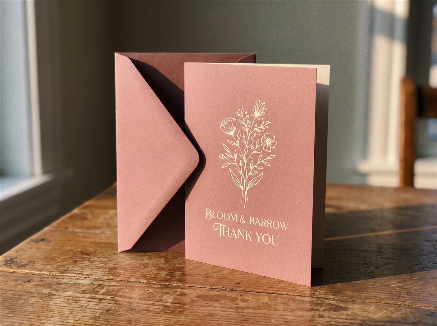 A folded BLOOM AND BARROW greeting card standing upright with a matching envelope behind it