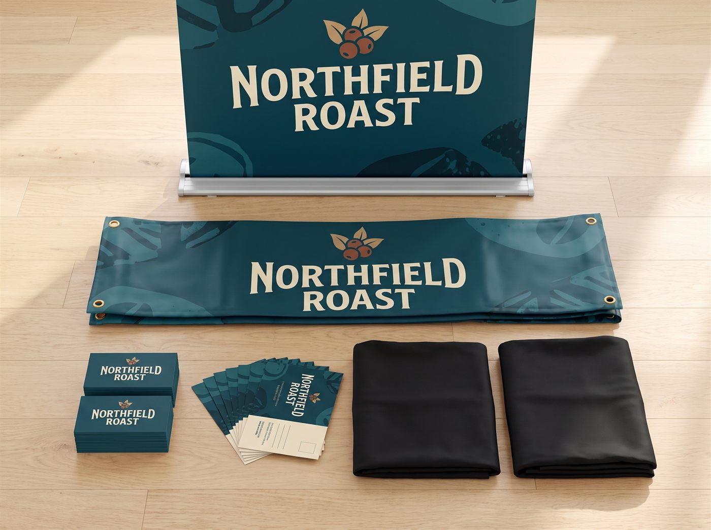 The whole kit laid out on a floor: retractable banner standing, folded vinyl banner, business cards, postcards and two folded black stretch table covers