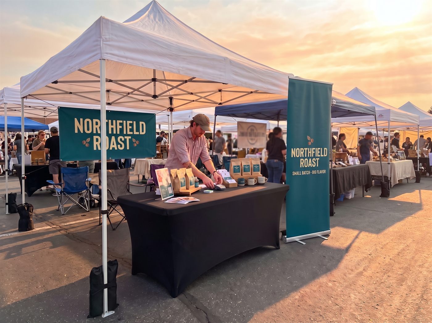 A NORTHFIELD ROAST coffee booth at a market: black solid-colour stretch table cover, a retractable banner on a silver base and a vinyl banner hung on the canopy rail