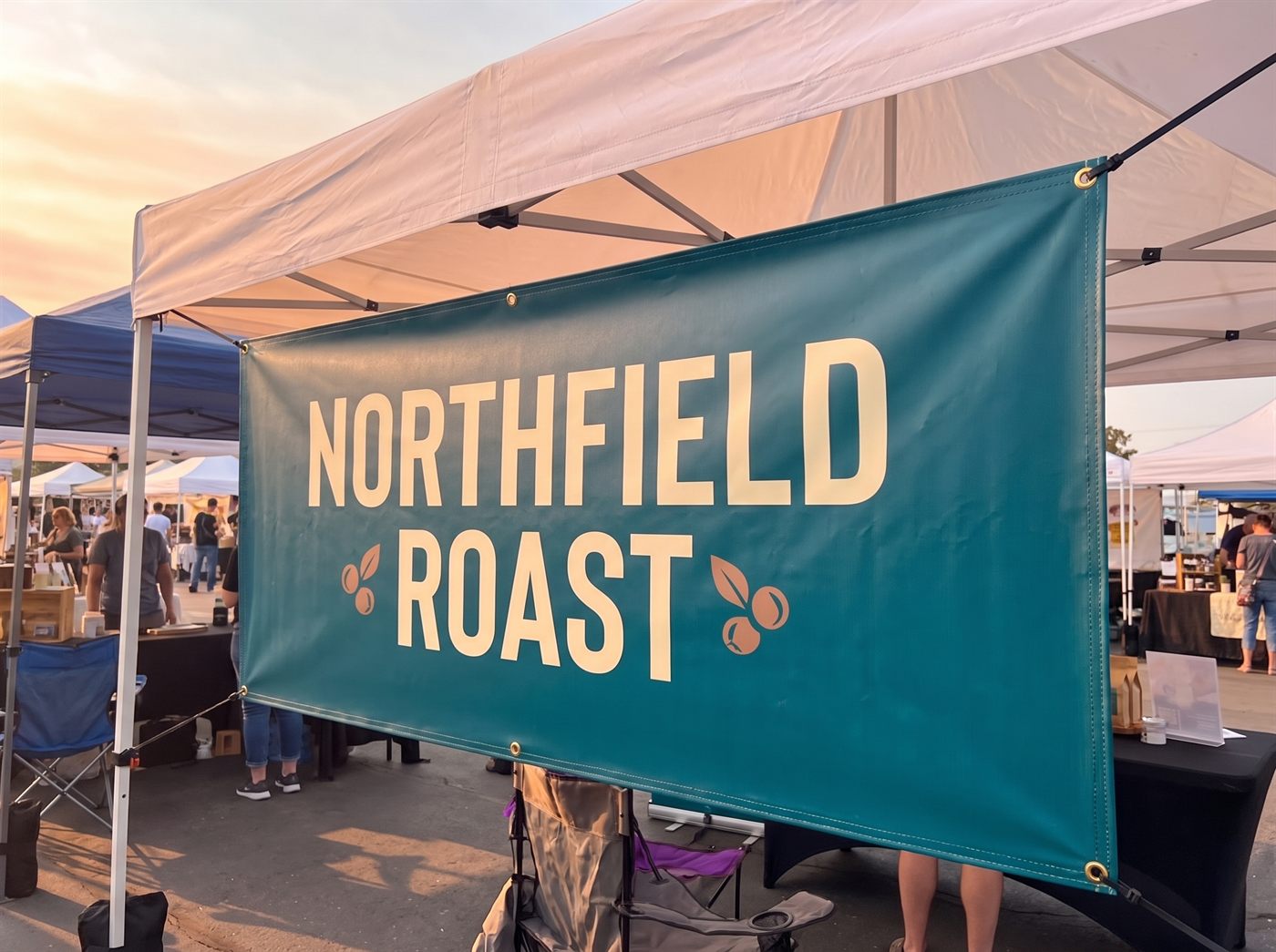 The wide matte vinyl banner zip-tied through its grommets to the canopy rail above the booth
