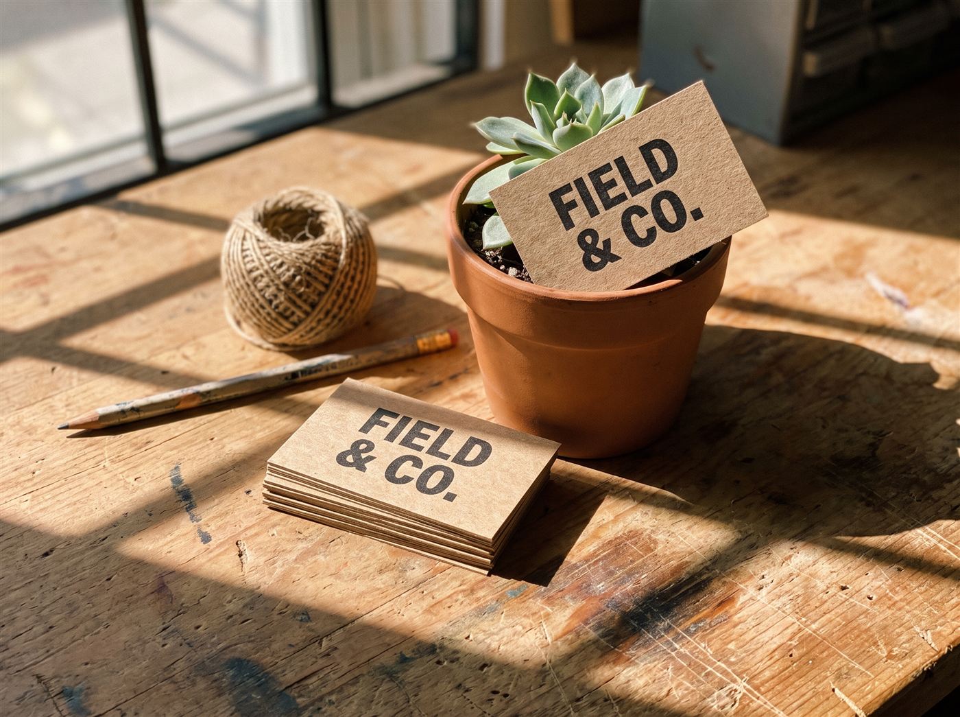Kraft brown business cards on a workshop bench