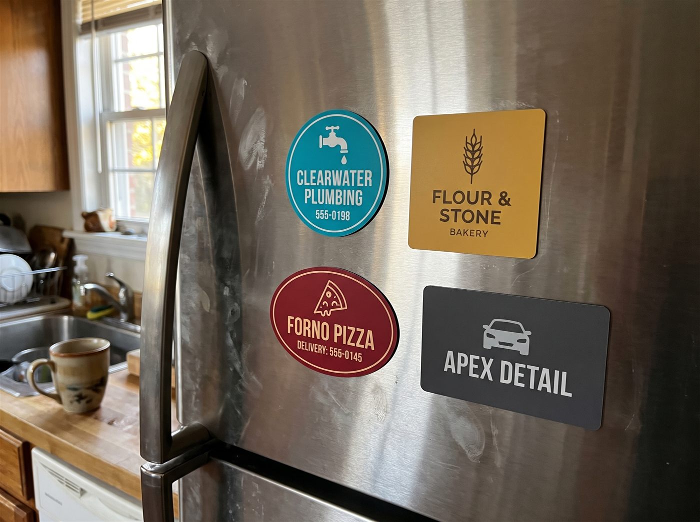 Four printed magnets in circle, square, oval and rectangle shapes on a stainless fridge door