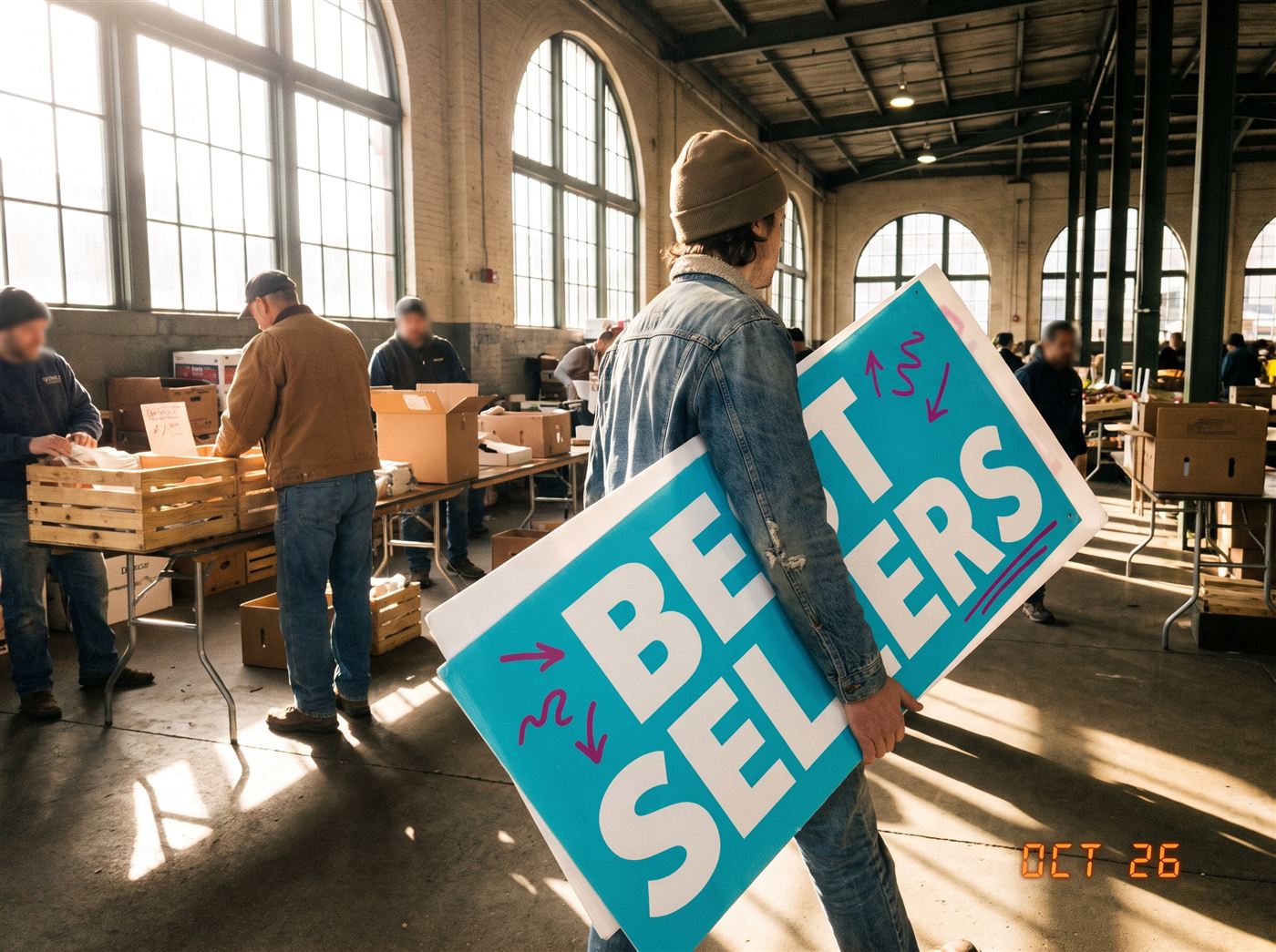 Vendor carrying a foam board sign