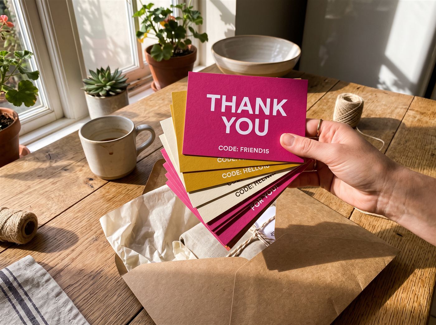 Hand fanning a stack of colorful thank-you insert cards with discount codes above a kraft envelope on a sunny kitchen table