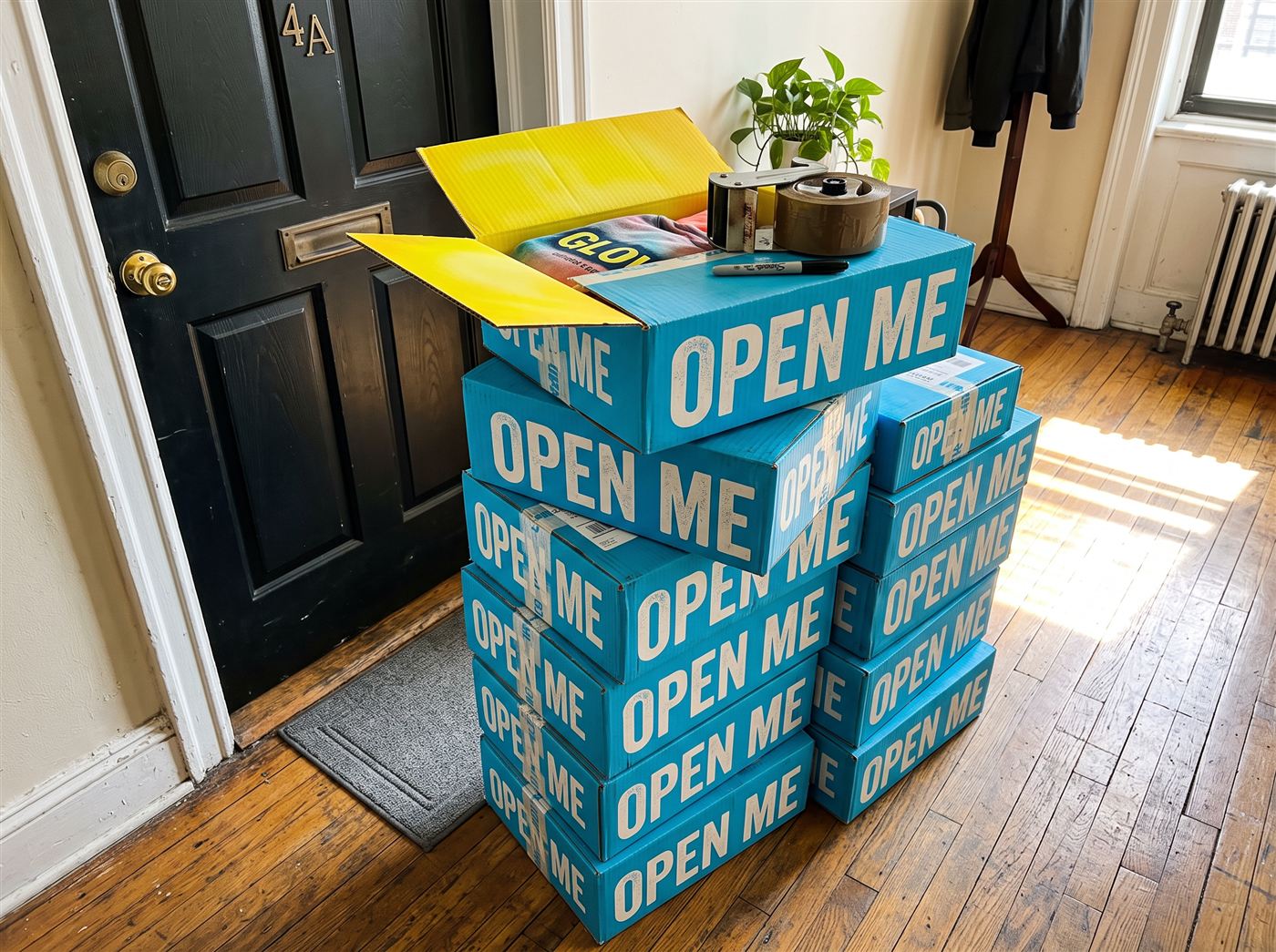 Stack of corrugated mailer boxes printed edge to edge in cyan with 'Open me' text, the top box open showing a yellow printed interior