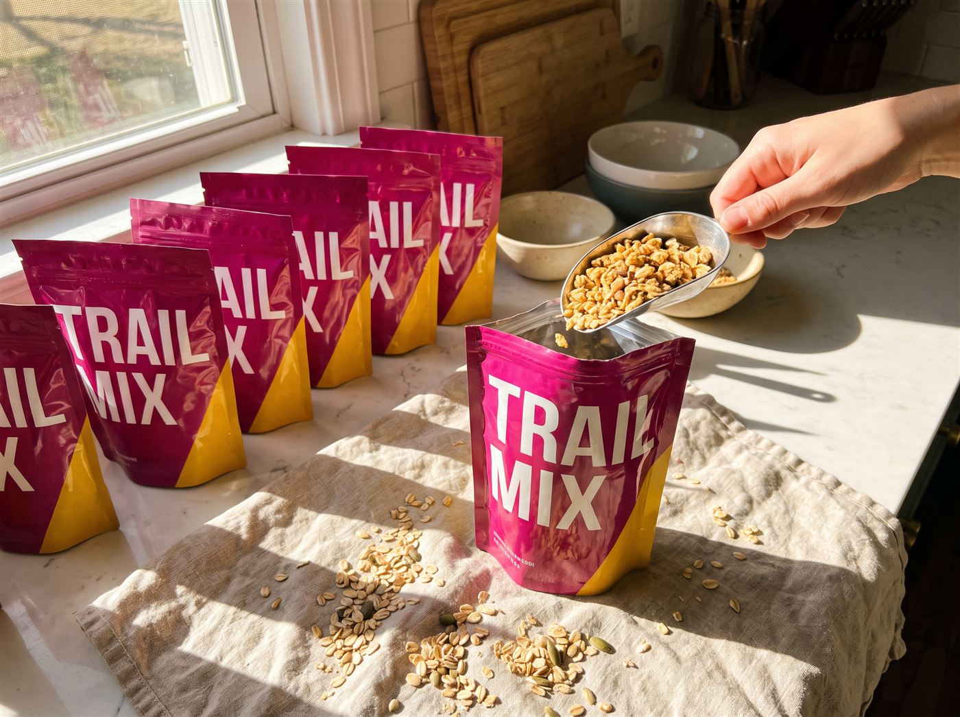 Row of fully printed stand-up pouches in magenta and yellow on a sunlit counter, one being filled with granola