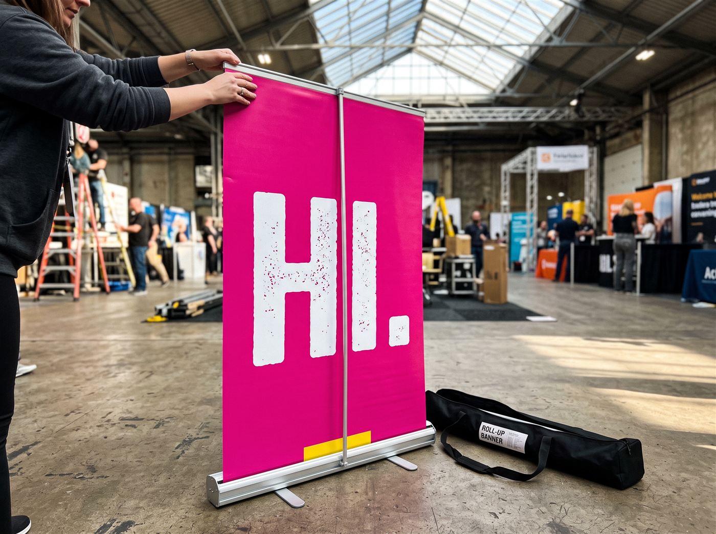 Roll-up banner being raised in a convention hall